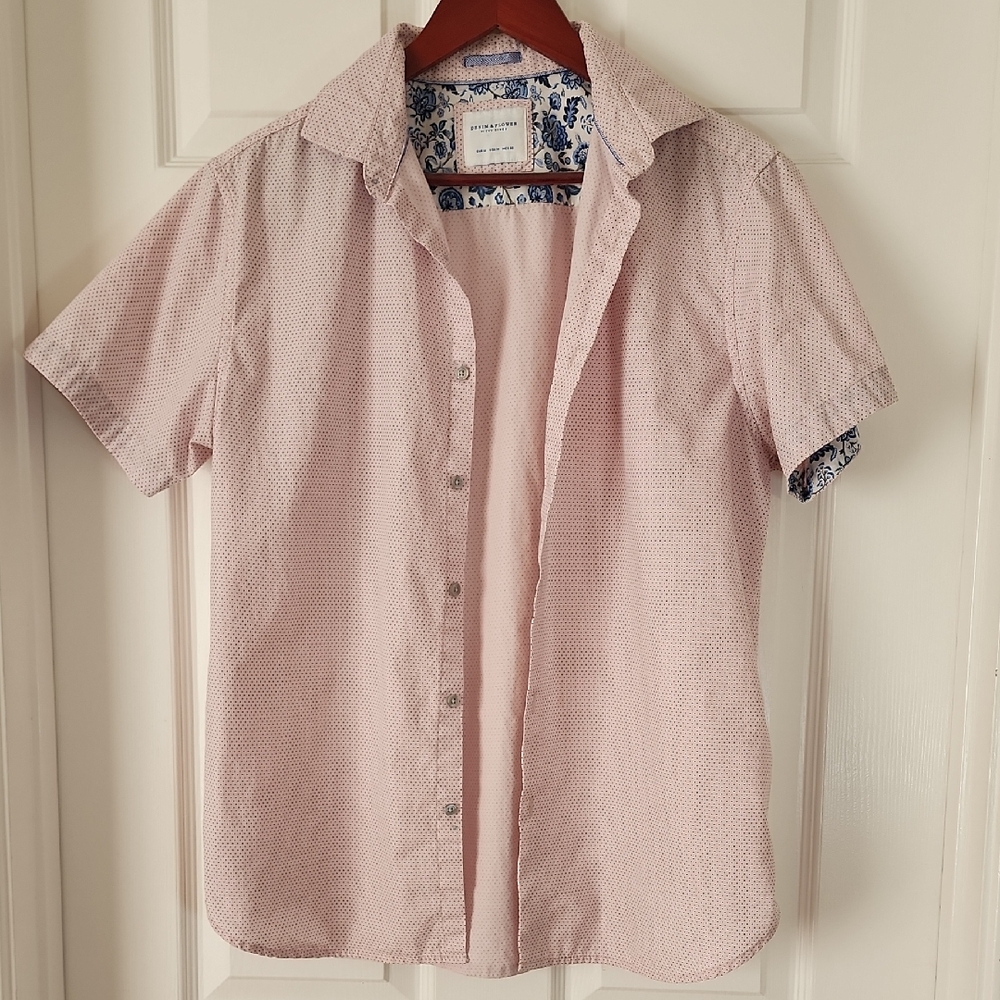 Denim & Flower Light Pink w/ Polka Dot Casual Button Down Shirt - Short Sleeve